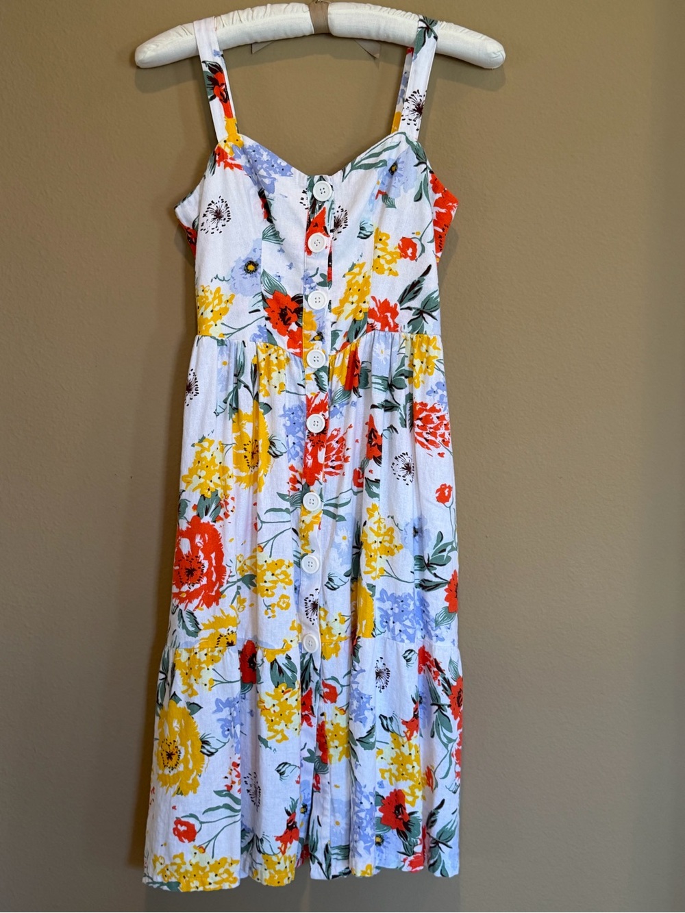 Women’s White Floral Button-Front Sundress with Yellow & Red Flowers